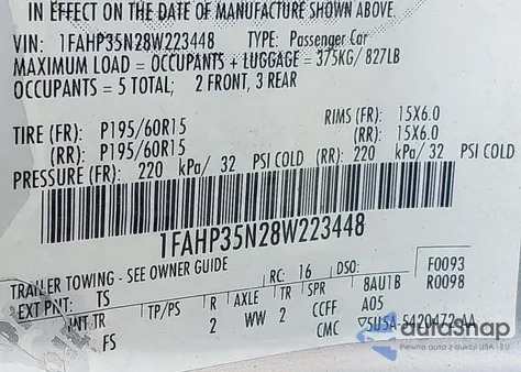 2008 Ford Focus Se/Ses из США, поврежденный, VIN 1FAHP35N28W223448